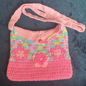 Colorful Crochet Shoulder Bag with Pink Flowers